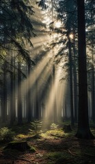 Forest scene with sunlight streaming through trees