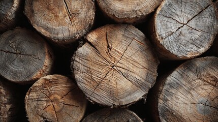 Naklejka premium Stack of Textured Tree Logs: A close-up showcasing intricate patterns and organic textures. Nature's raw beauty in a simple, rustic arrangement.