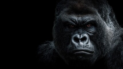 Gorilla Stare. Severe Silverback Ape Male Portrait on Black Background