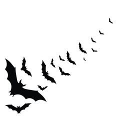A colony of black bat silhouettes flying in a diagonal swarm formation.