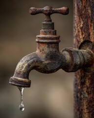Old Fashioned Water Pump in Rust-Eaten Rural Environment: Impact of Global Warming and Drought on Ecology