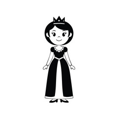 A cute black and white cartoon illustration of a young princess wearing a crown and a long gown.