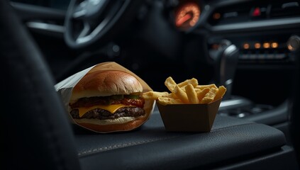 A paper-wrapped cheeseburger and french fries sit on a car's dark interior, highlighting a casual meal on the go.