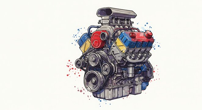 Custom hot rod engine with colorful splatter. Auto part stylized illustration for car enthusiast and mechanic shop. Mechanical engineering art.