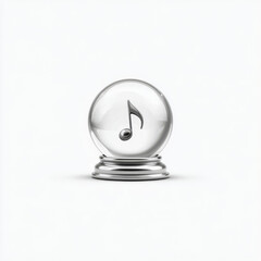 Whimsical 3D render of a musical note inside a snow globe, clear glass and silver, representing the magic of music and dreams, with copy space