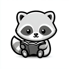 Cute cartoon raccoon happily reading a book, adorable gray and white, representing learning and children's education
