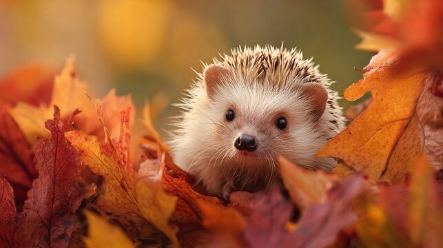 A small hedgehog nestled among colorful autumn leaves, creating a cozy, seasonal scene. The hedgehog's curious expression adds charm to the fall foliage backdrop.