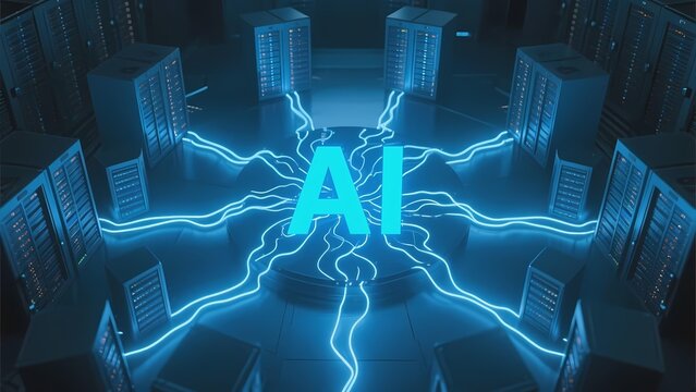 Artificial intelligence network with glowing blue connections between server towers in a futuristic data center