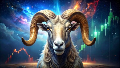 Ram portrait, cosmic background, financial charts