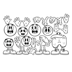 A retro cartoon mascot character creation kit with expressive faces gloved hands and funny poses in a vintage 1930s style.