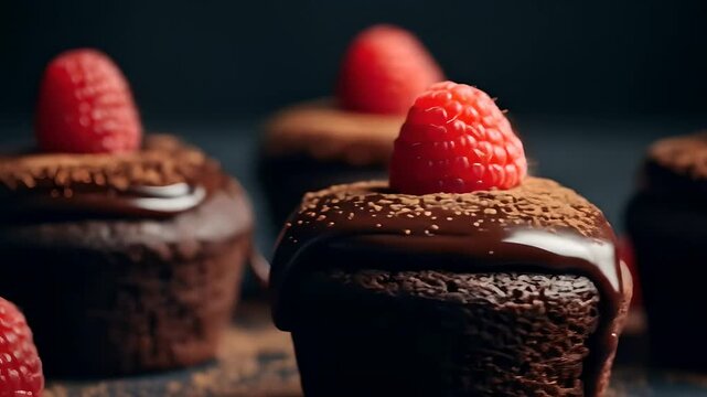 Chocolate raspberry cupcakes with chocolate sauce, perfect for dessert, celebration, bakery, sweet treat, birthday, gourmet, and culinary themes. Ideal for food blogs.