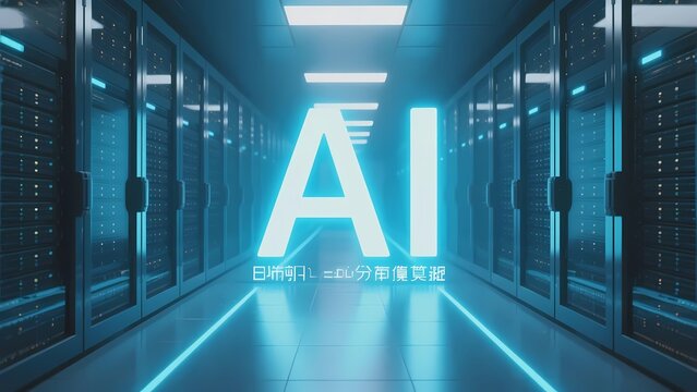 A futuristic server room with glowing AI text, illuminated by blue lights and lined with data racks. - Powered by Adobe