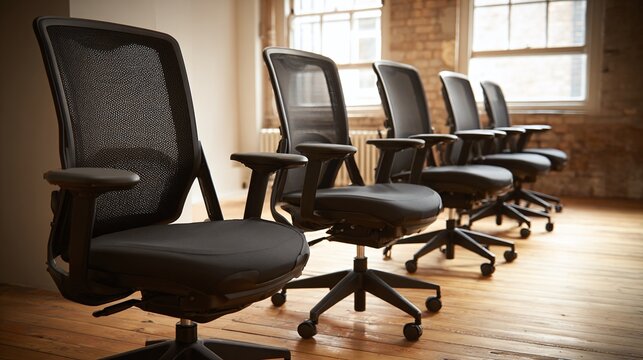 A row of office chairs stands ready for use, reflecting a modern workspace with comfort in mind. The mesh backs ensure ventilation.