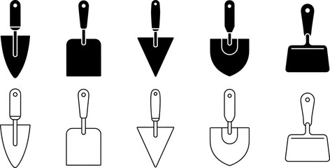 Diverse Trowel Collection: An assortment of ten uniquely shaped trowels, both in silhouette and outline form, presented on a neutral background.