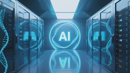A futuristic server room with AI symbol and DNA helix patterns illuminated in blue light