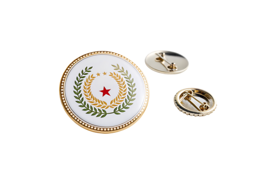 Metal pin badge isolated on transparent background with star and wreath