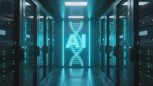 Digital AI and DNA helix displayed in a futuristic server room with glowing blue lights