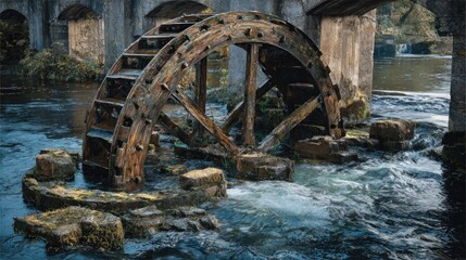 Rusty water wheel in a river, under an old stone bridge