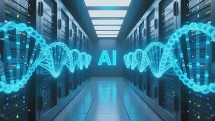 Digital DNA strands and AI text in a server room corridor