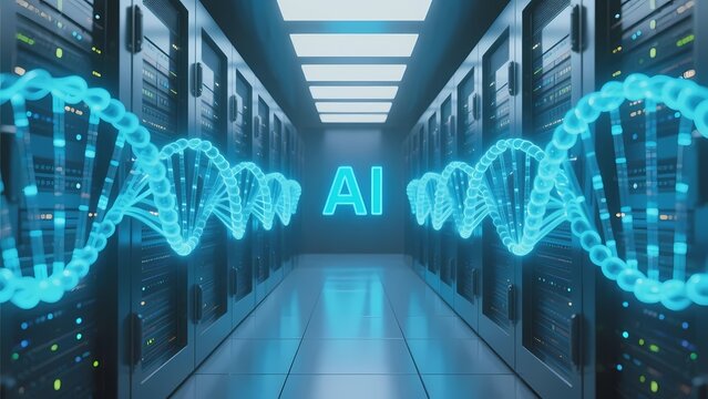 Digital DNA strands and AI text in a server room corridor - Powered by Adobe