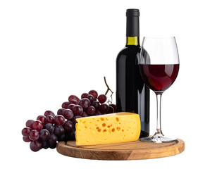Red wine, cheese and grapes on wooden board with transparent background