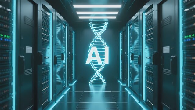 A digital DNA helix with AI symbol in a futuristic server room corridor