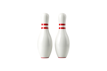 Two bowling pins with red stripes isolated on transparent background in studio