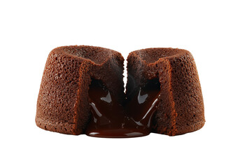 A photorealistic, low-angle, extreme close-up of a gourmet chocolate lava cake, cut, with glossy molten dark chocolate oozing and steam rising, on a gray background, concept of irresistible dessert