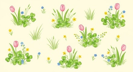 Spring floral pattern with tulips and clover