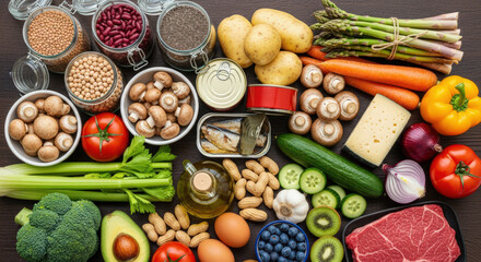 Nutritious Food Assortment A Colorful Display of Healthy Eating with Fresh Vegetables, Legumes, Proteins, and Fruits for a Balanced Diet and Wellness Lifestyle