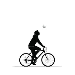 Black silhouette of a person in a hoodie riding a bicycle while looking up at a ball in the air.