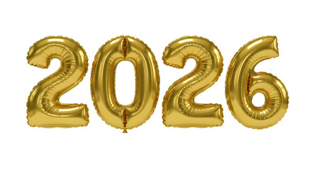 Golden foil balloons forming "2026," celebrating the new year on a white background. Perfect for festive and event-themed designs.