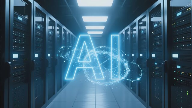 Artificial intelligence symbol displayed in a data center with server racks and glowing digital effects