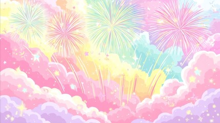 Naklejka premium A vibrant sky filled with colorful fireworks in purple, green, blue, and yellow, soft pastel clouds in pink, purple,