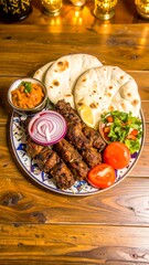 Grilled skewers with flatbread and dip