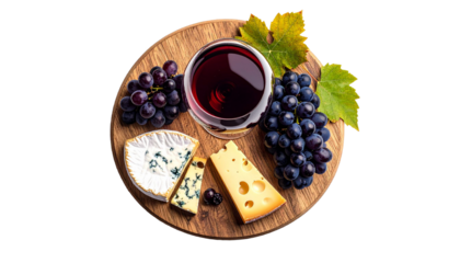 Glass of red wine with cheese and grapes on wooden board with transparent background
