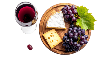 Glass of red wine with cheese and grapes on wooden board, transparent background