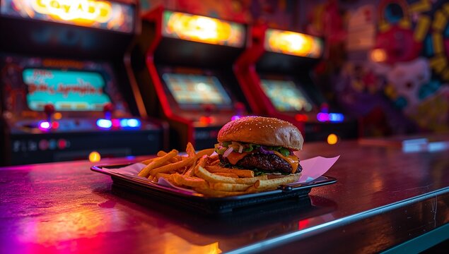 A delectable burger and fries are served amidst vibrant arcade games in a trendy, colorful setting.