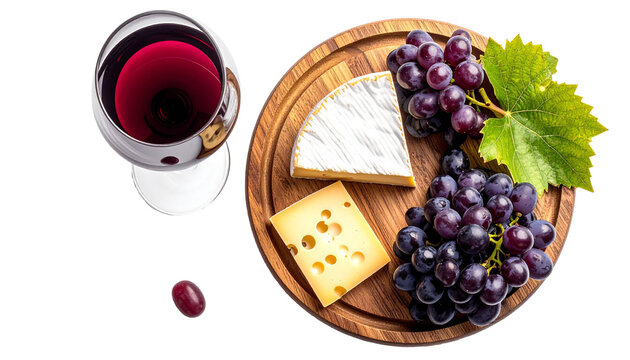 Glass of red wine with cheese and grapes on wooden board, transparent background - Powered by Adobe