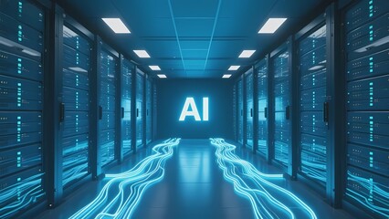 A futuristic server room with glowing AI data streams and illuminated racks