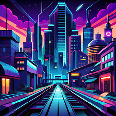 Colorful Futuristic Urban Night Scene with Neon Lights and Rail Lines, Ai Generated