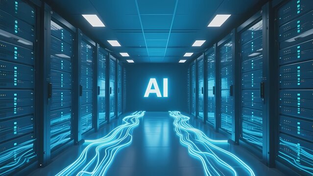 A futuristic server room with glowing AI data streams and illuminated racks