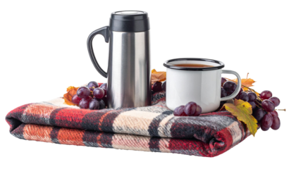 Thermos and mug on plaid blanket with grapes and autumn leaves on transparent background