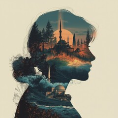 Cultural Double-Exposure Fusion Woman Image