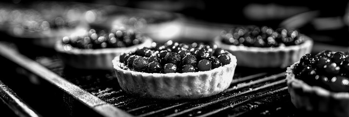 Freshly baked berry tarts cooling on a wire rack in the kitchen