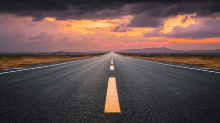 A straight road stretches into the distance under a dramatic orange sky at sunrise or sunset,