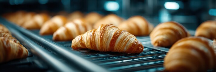 Freshly baked croissants cooling on a rack in a busy bakery during the morning hours