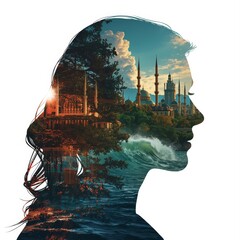 Cultural Double-Exposure Fusion Woman Image