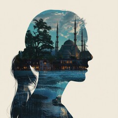 Cultural Double-Exposure Fusion Woman Image