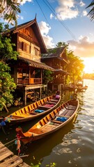 Obraz premium Rustic riverside houses at sunset